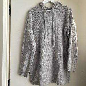 Grey Knit Hooded Ribbed Longline Sweater